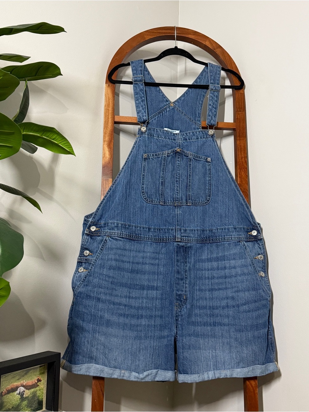Old Navy XXL 100% Cotton Denim Bib Slouchy Short Overall Shortalls Medium Wash